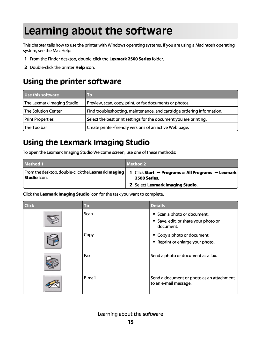 Lexmark 2500 Series Learningaboutthesoftware, Using the printer software, Using the Lexmark Imaging Studio, Method, Click 