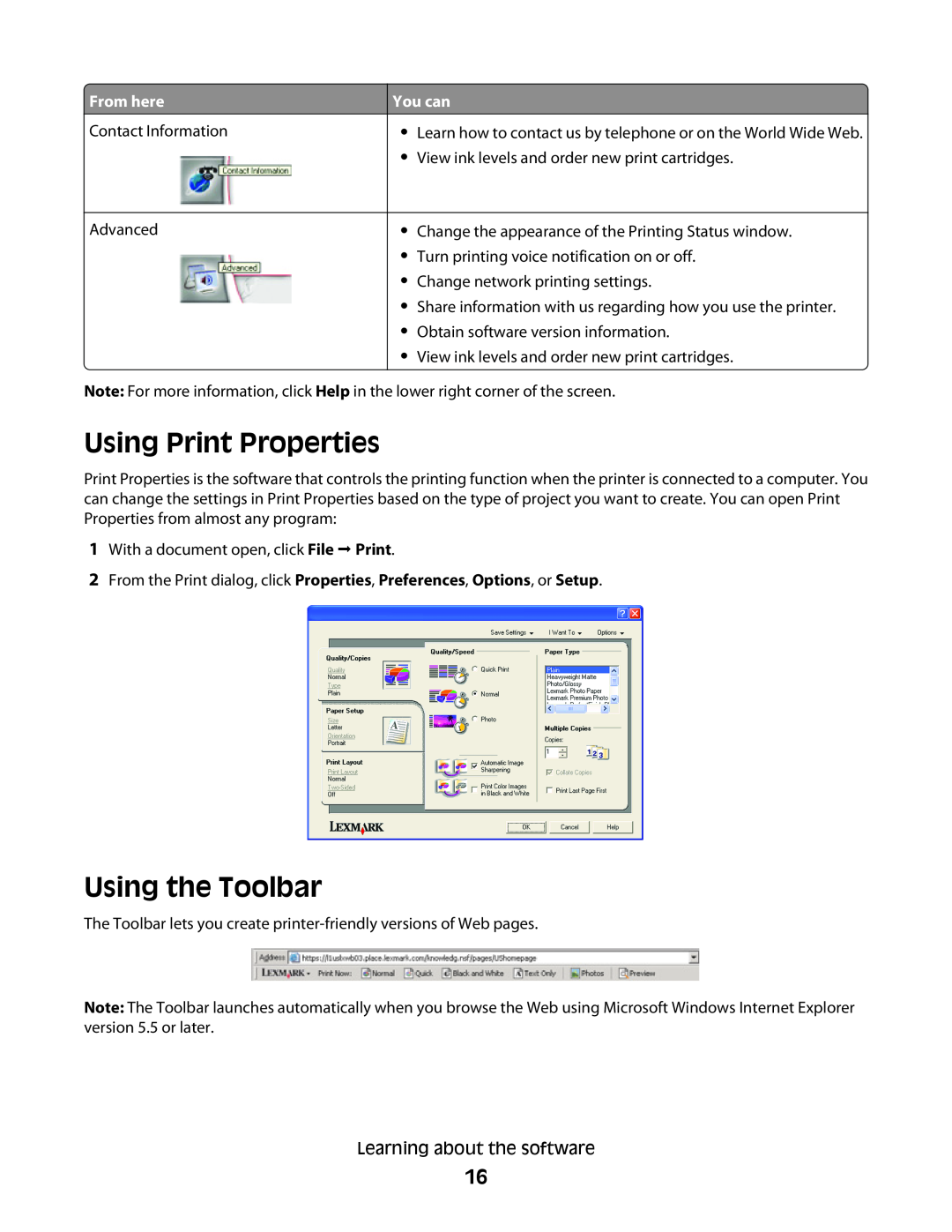 Lexmark 2500 Series manual Using Print Properties, Using the Toolbar, From here, You can 