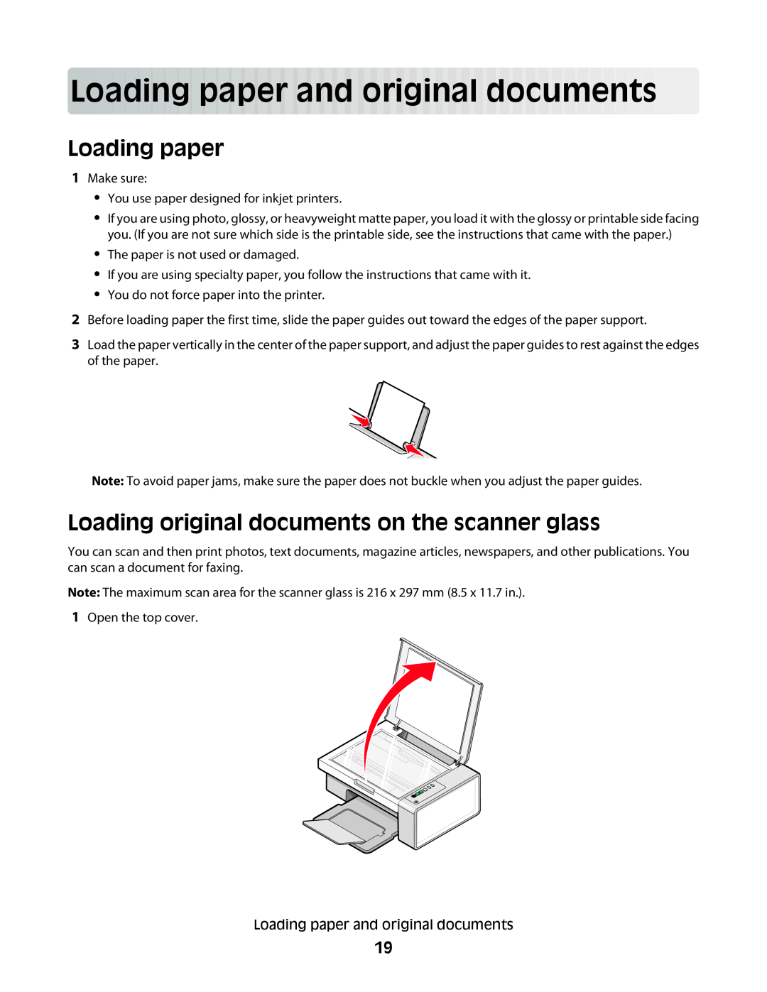 Lexmark 2500 Series manual Loadingpaperandoriginaldocuments, Loading paper, Loading original documents on the scanner glass 