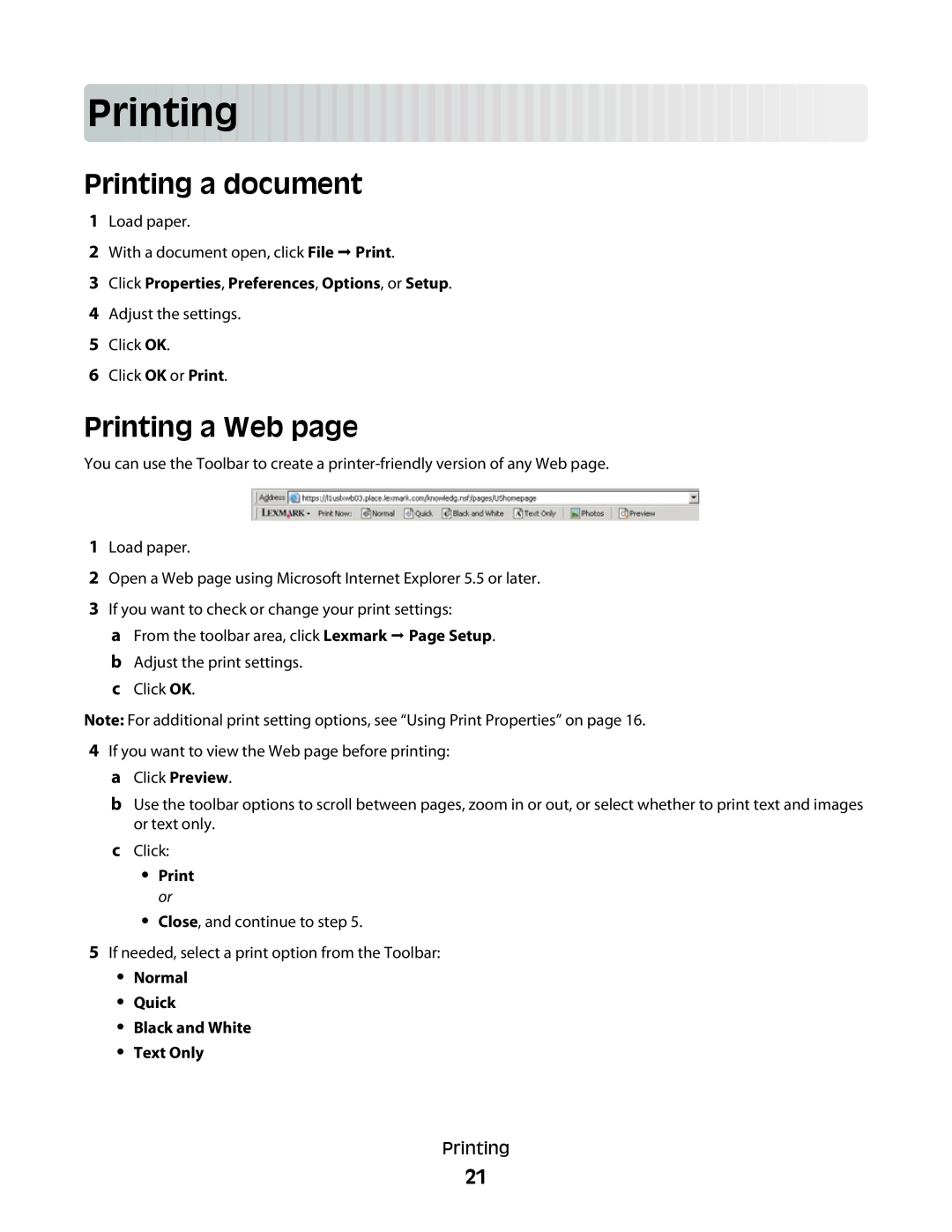 Lexmark 2500 Series Prin ting, Printing a document, Printing a Web page, Click Properties, Preferences, Options, or Setup 