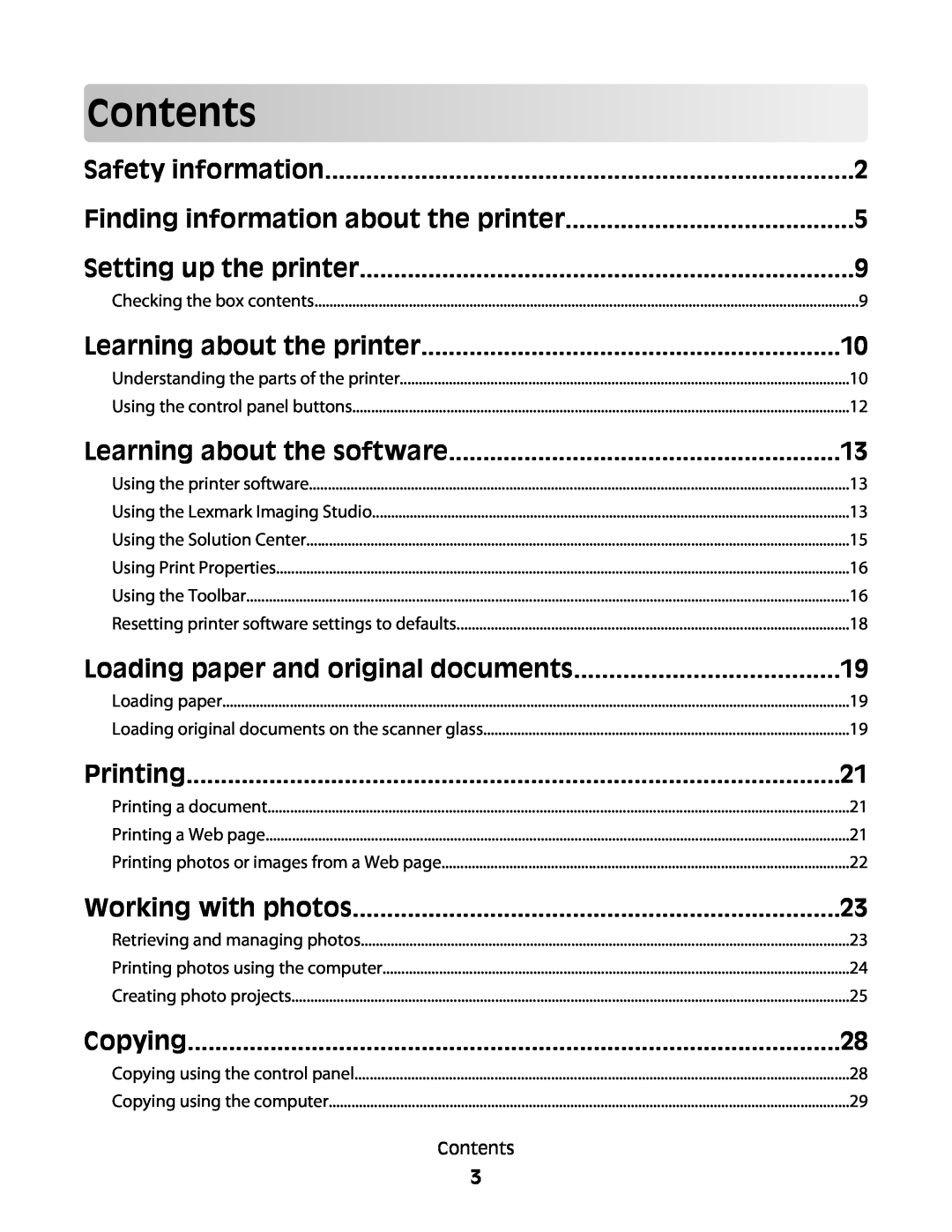 Lexmark 2500 Series Contents, Safety information, Finding information about the printer, Setting up the printer, Printing 