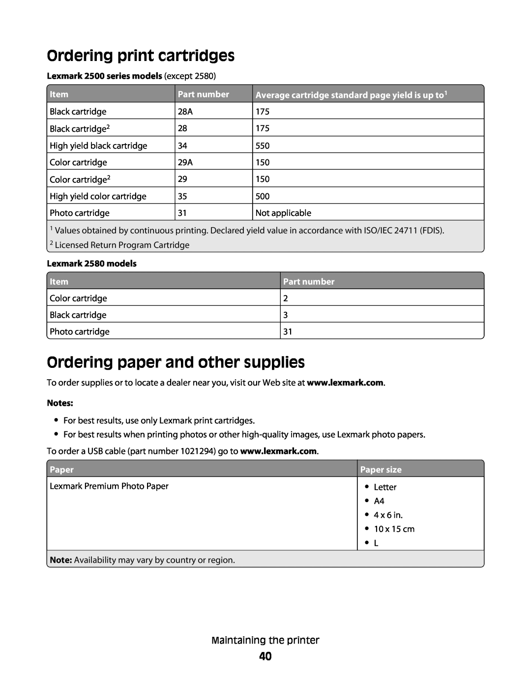 Lexmark 2500 Series Ordering print cartridges, Ordering paper and other supplies, Lexmark 2500 series models except, Paper 