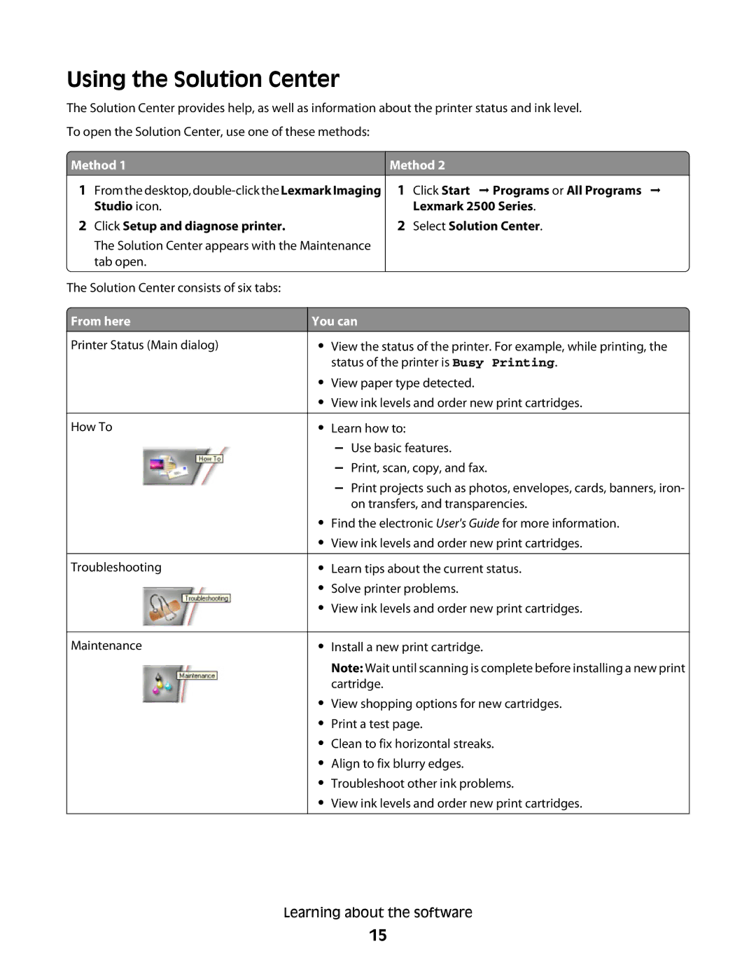 Lexmark 2500 Series manual Using the Solution Center, Click Setup and diagnose printer, From here, You can 