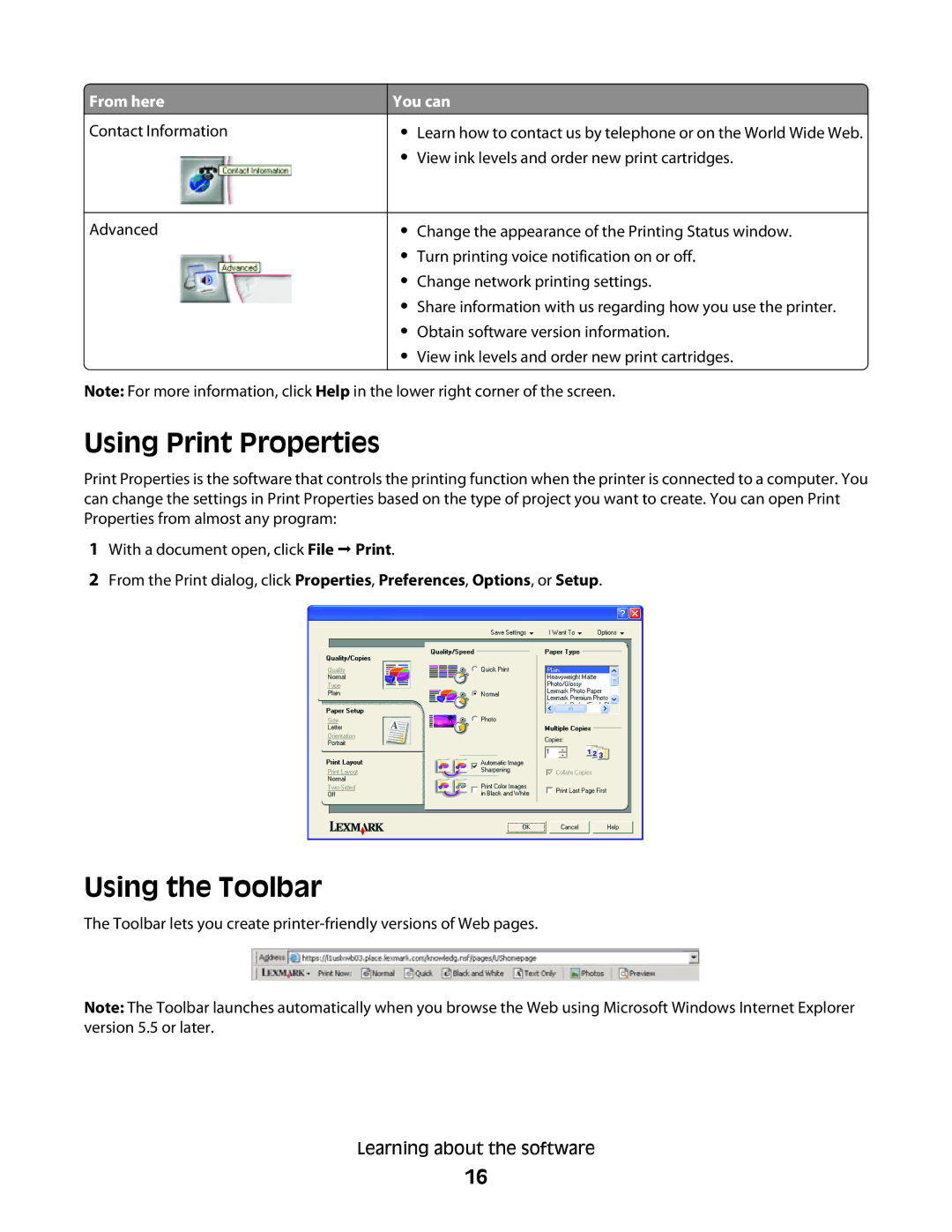 Lexmark 2500 Series manual Using Print Properties, Using the Toolbar 