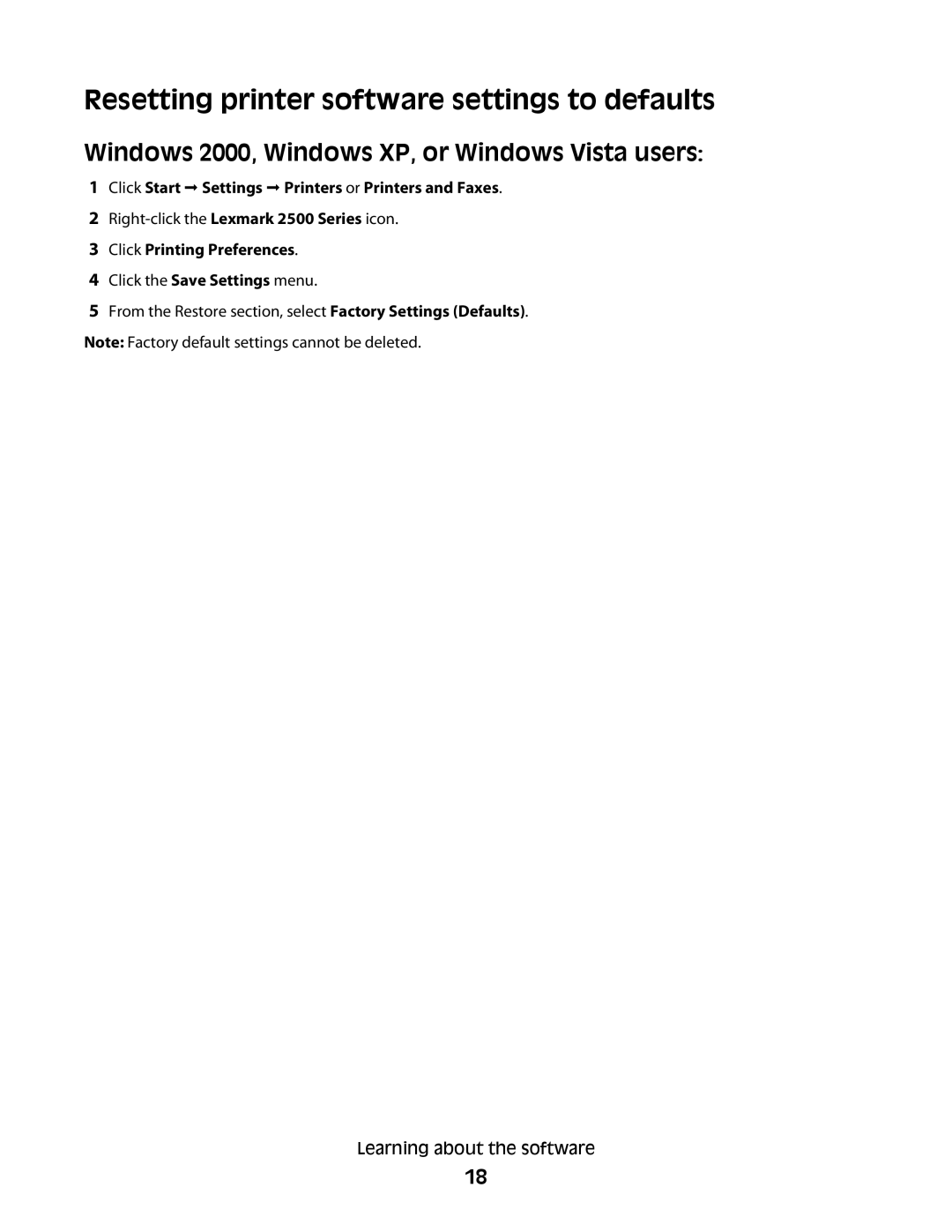 Lexmark 2500 Series Resetting printer software settings to defaults, Windows 2000, Windows XP, or Windows Vista users 