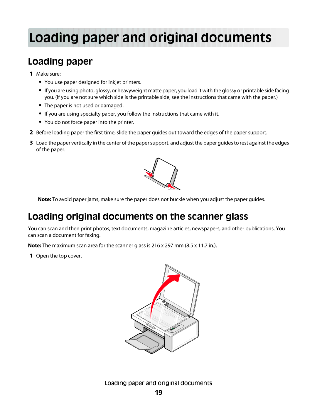 Lexmark 2500 Series manual Load ing pa per a nd o r igin al d ocum ents, Loading paper 