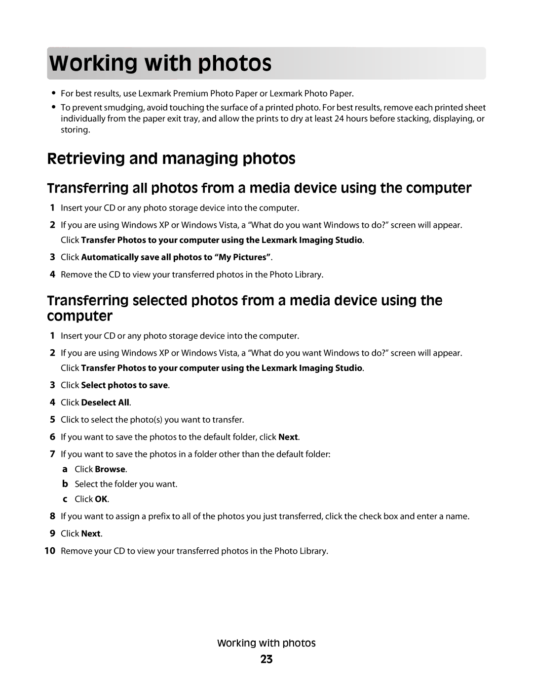 Lexmark 2500 Series Working with photo s, Retrieving and managing photos, Click Select photos to save Click Deselect All 