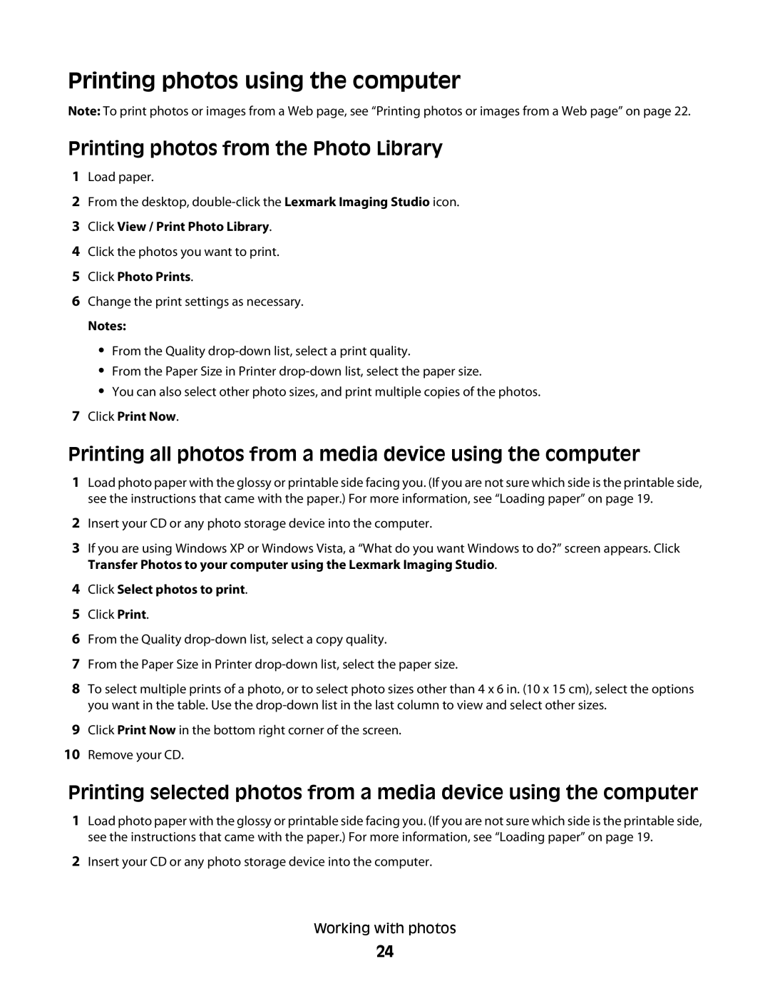 Lexmark 2500 Series manual Printing photos using the computer, Printing photos from the Photo Library 