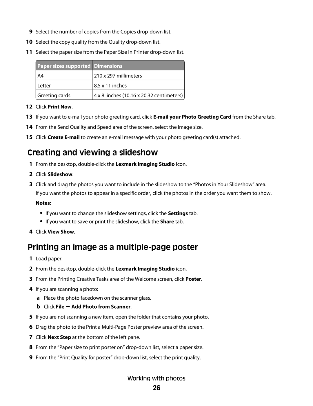 Lexmark 2500 Series manual Creating and viewing a slideshow, Printing an image as a multiple-page poster, Dimensions 