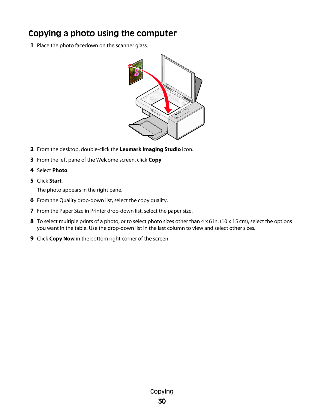 Lexmark 2500 Series manual Copying a photo using the computer 