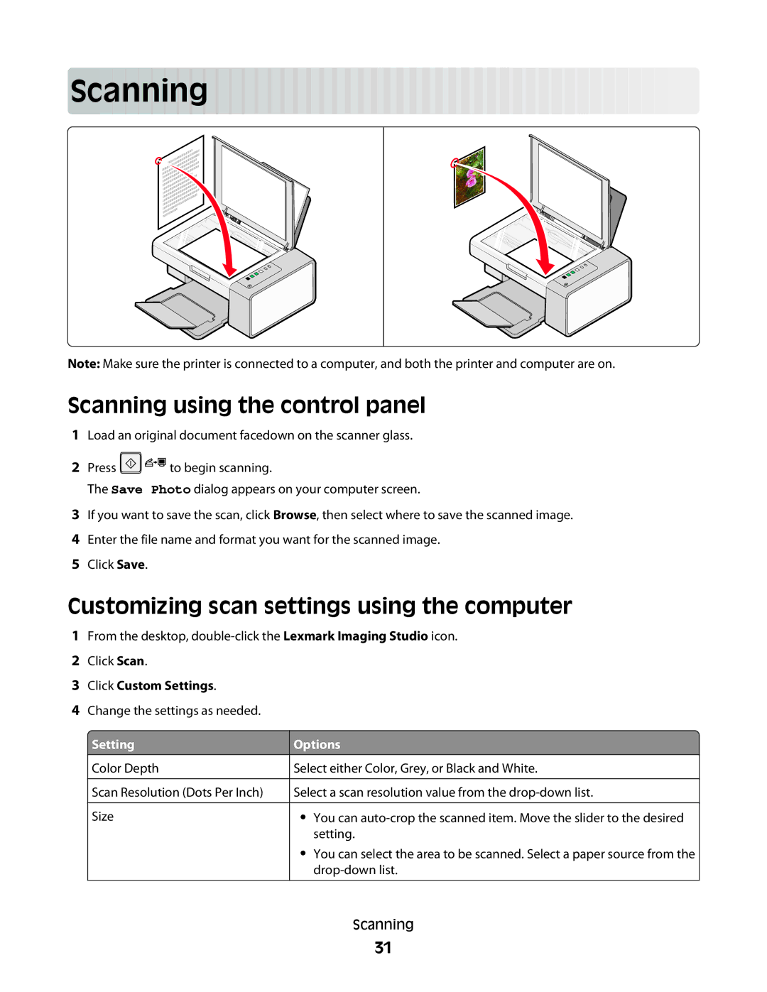 Lexmark 2500 Series Scan ning, Scanning using the control panel, Customizing scan settings using the computer, Setting 