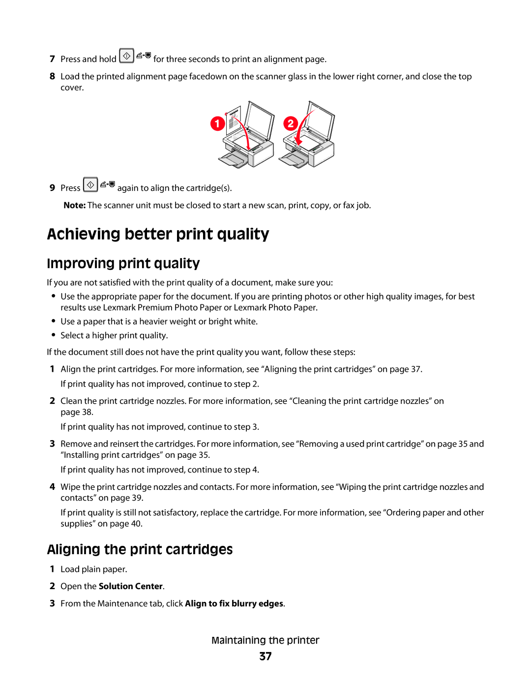 Lexmark 2500 Series manual Achieving better print quality, Improving print quality, Aligning the print cartridges 