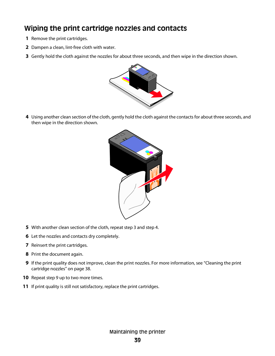 Lexmark 2500 Series manual Wiping the print cartridge nozzles and contacts 