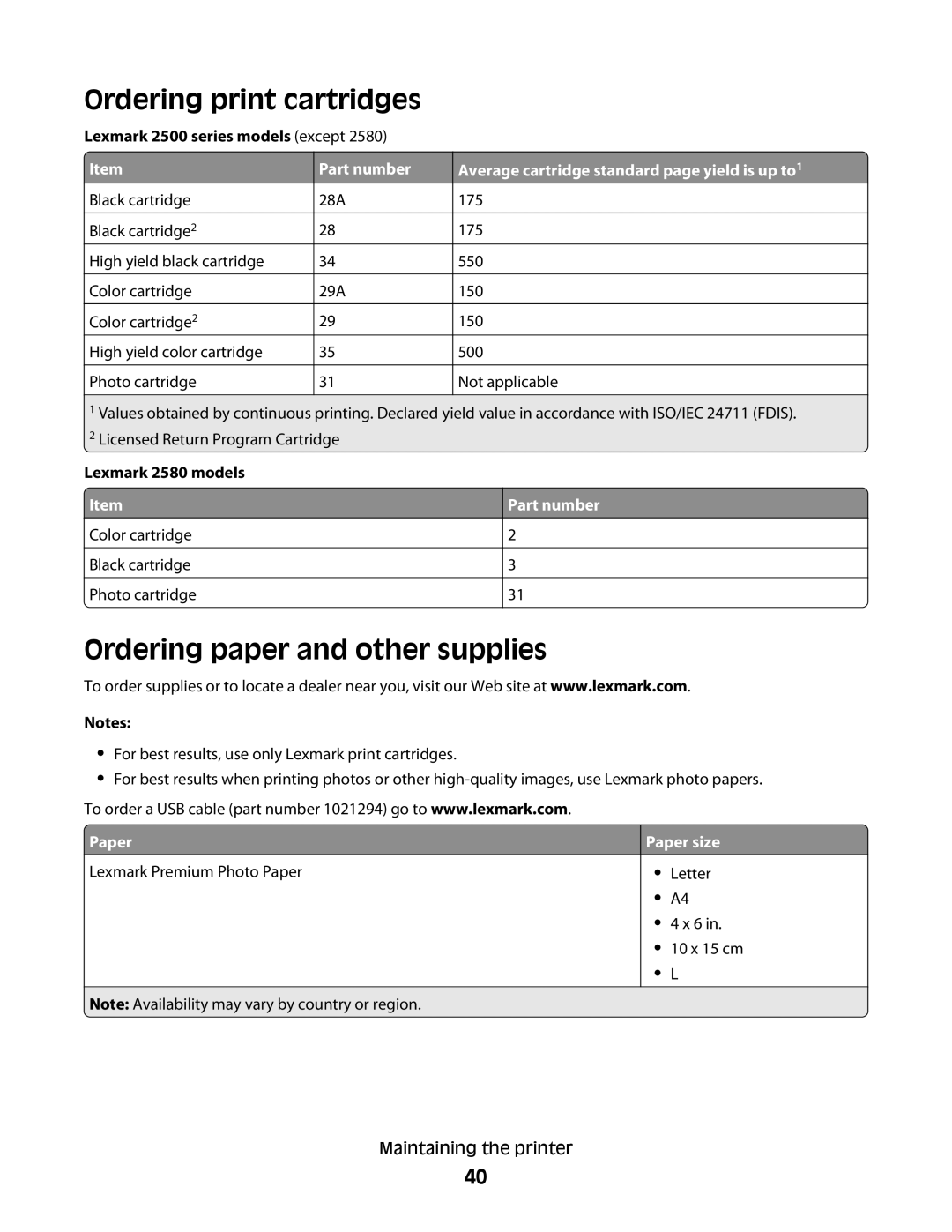 Lexmark 2500 Series manual Ordering print cartridges, Ordering paper and other supplies 