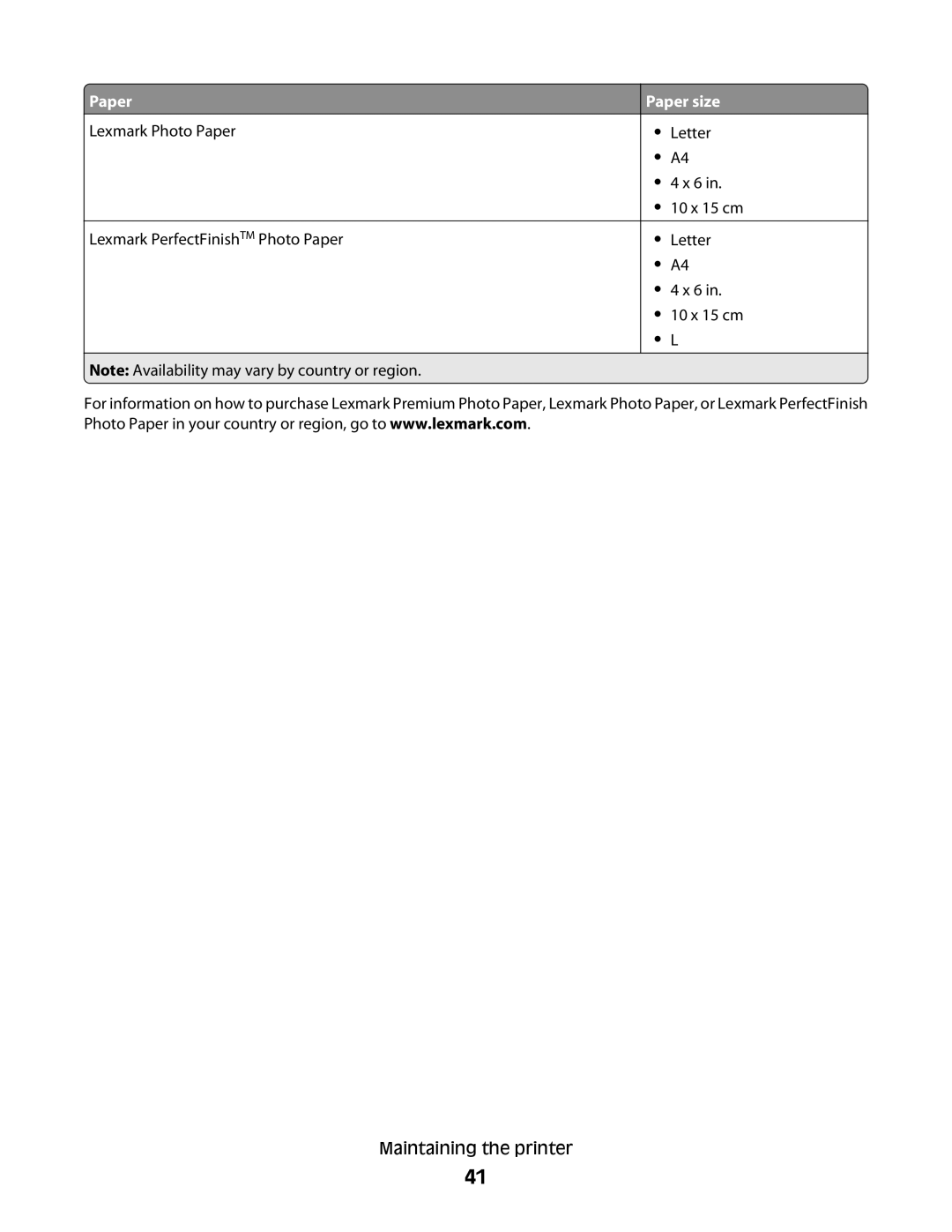 Lexmark 2500 Series manual Lexmark Photo Paper Lexmark PerfectFinishTM Photo Paper 