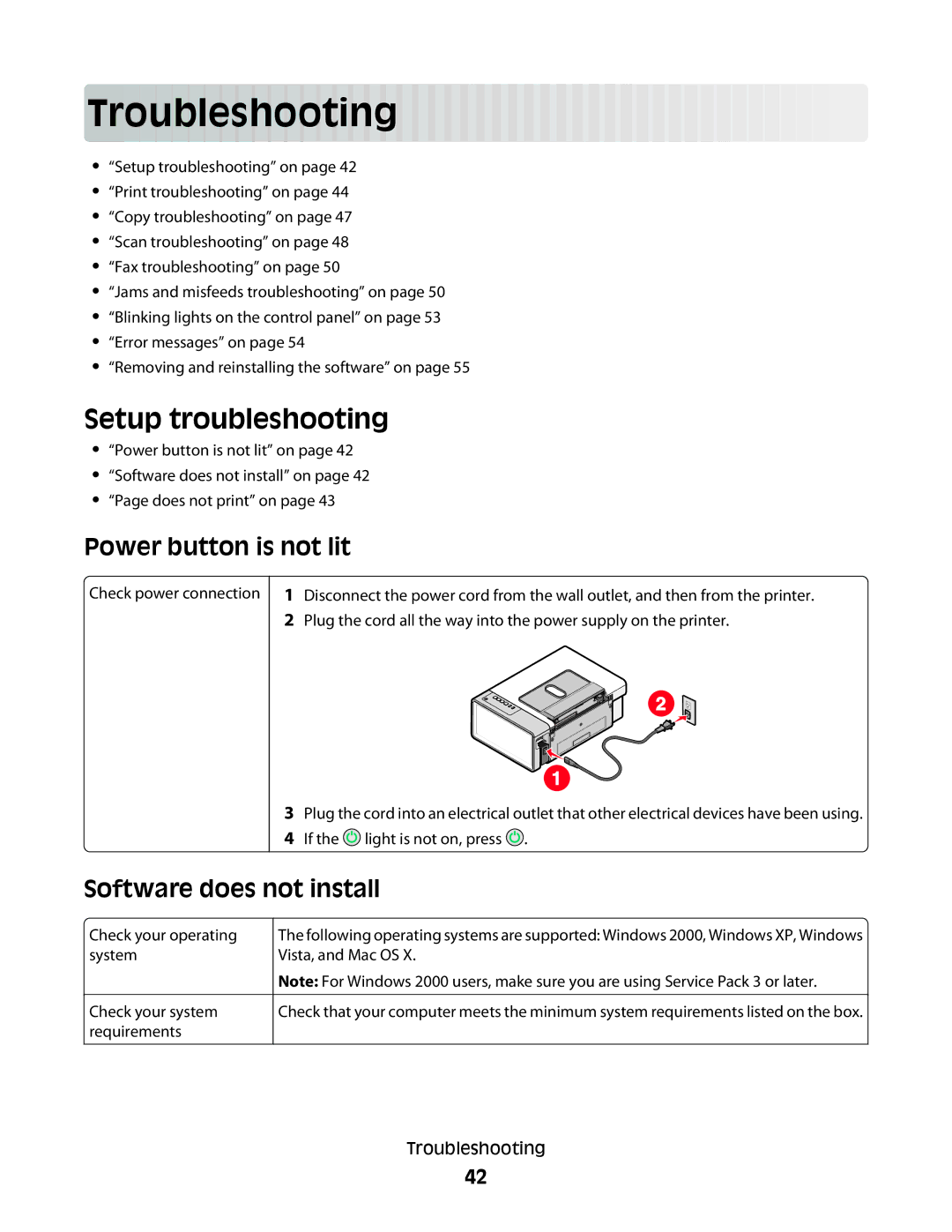 Lexmark 2500 Series manual Troublesh oo tin g, Setup troubleshooting, Power button is not lit, Software does not install 