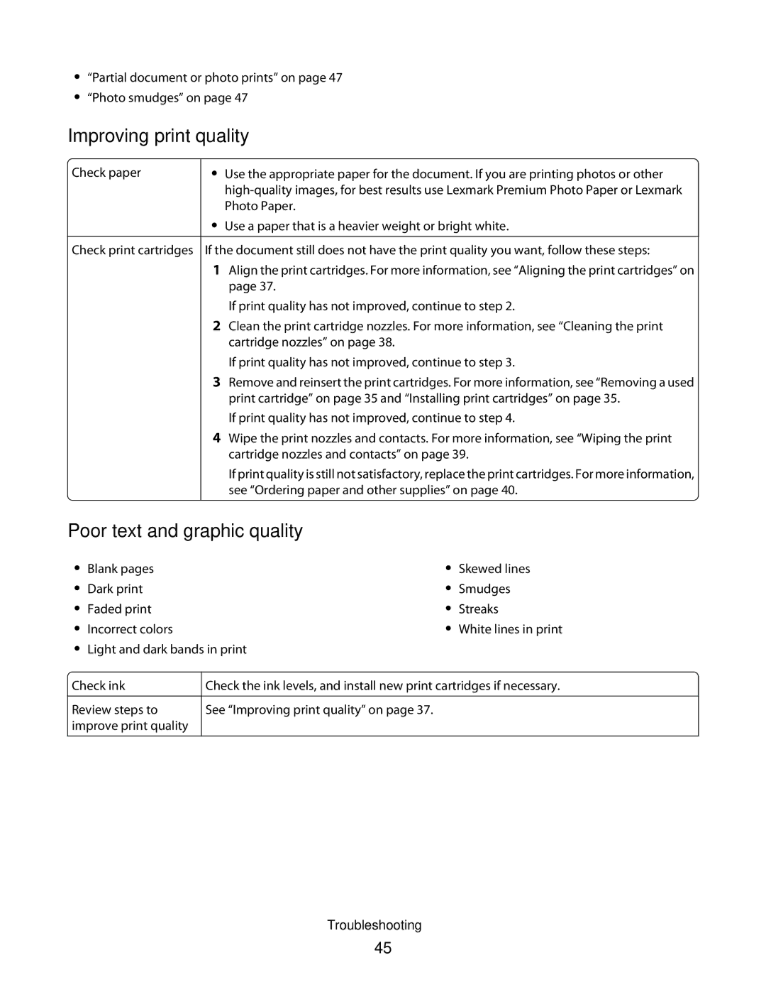 Lexmark 2500 Series manual Improving print quality, Poor text and graphic quality 