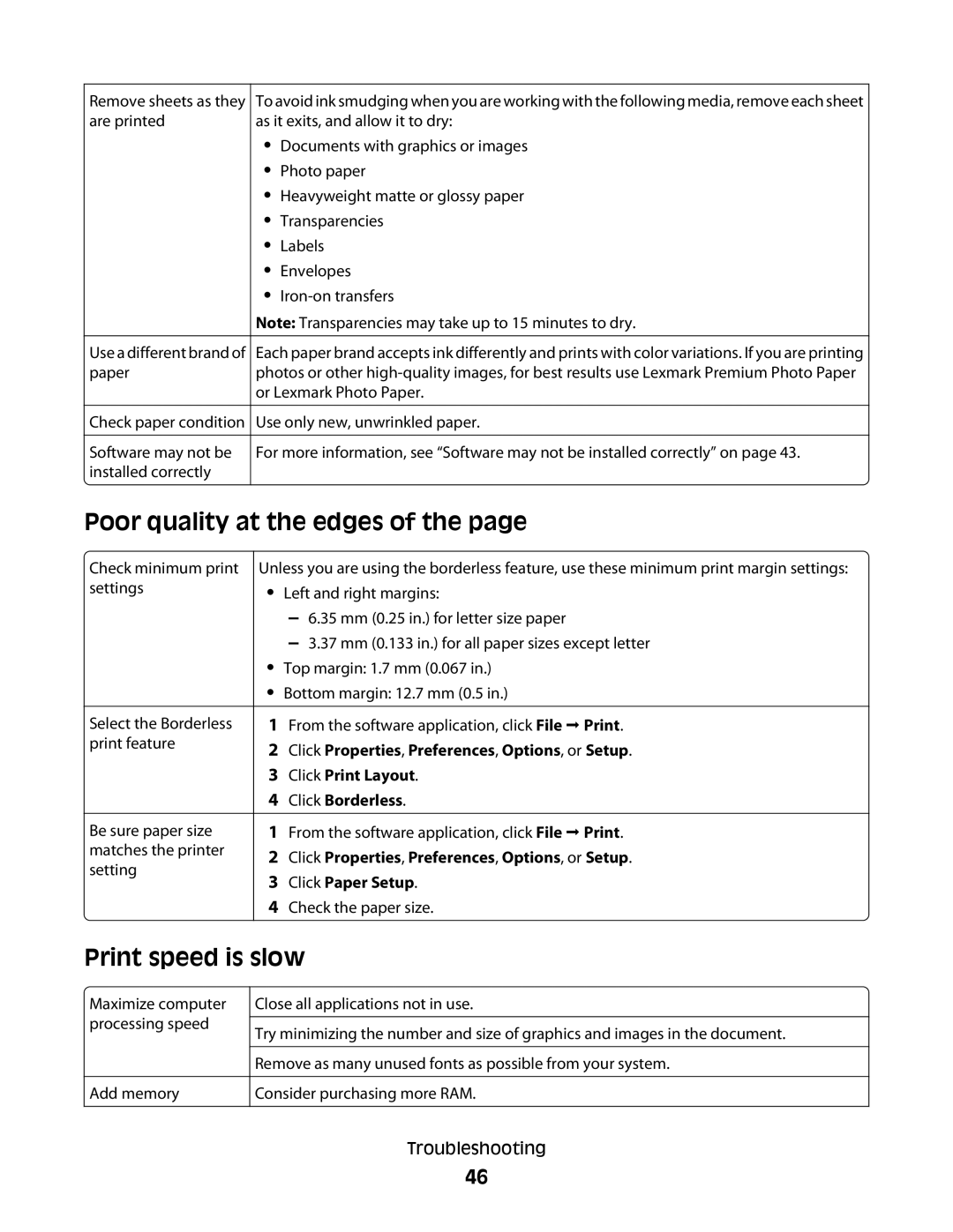 Lexmark 2500 Series manual Poor quality at the edges, Print speed is slow 