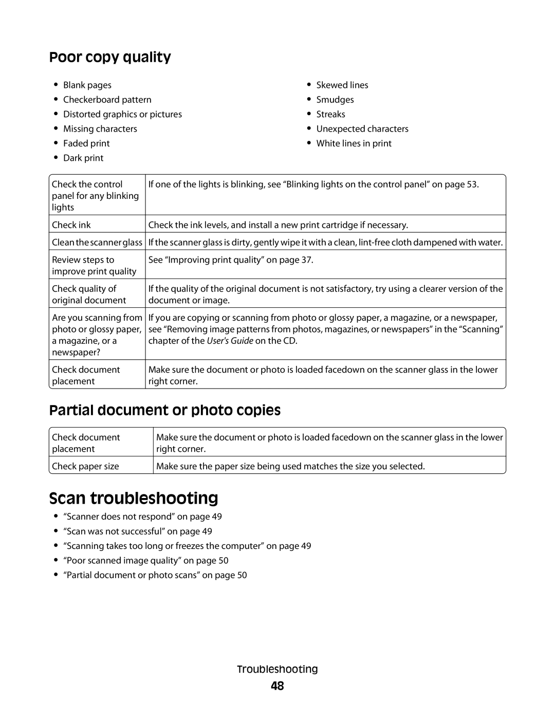 Lexmark 2500 Series manual Scan troubleshooting, Poor copy quality, Partial document or photo copies 