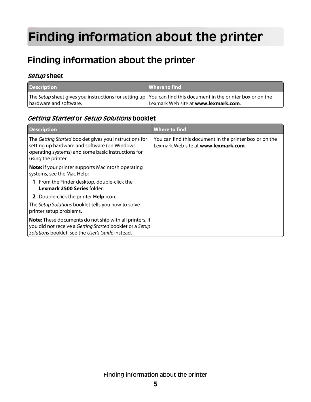 Lexmark 2500 Series manual Finding in form a tion a bout t he pr inter, Finding information about the printer, Description 