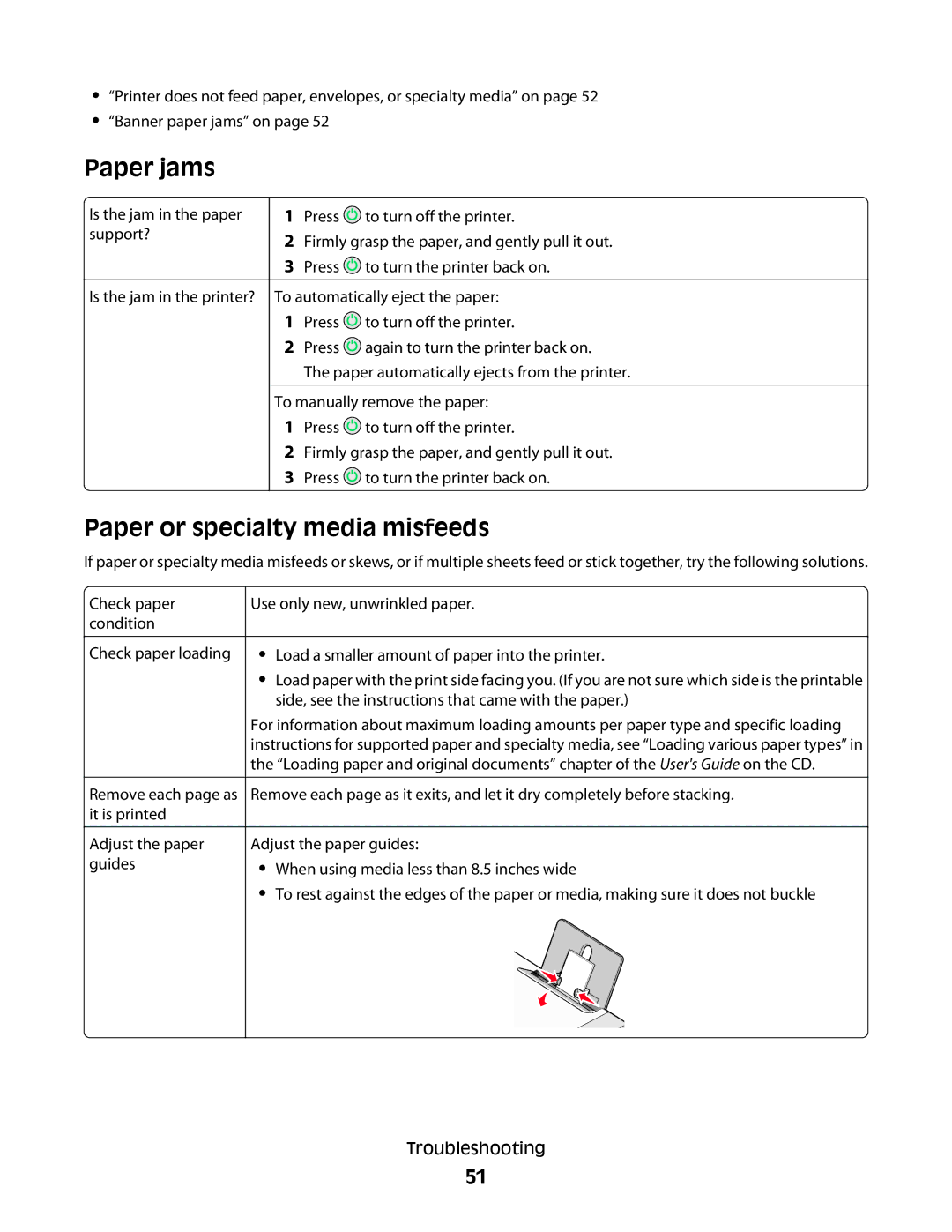 Lexmark 2500 Series manual Paper jams, Paper or specialty media misfeeds 