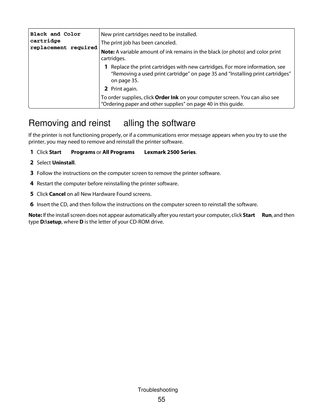 Lexmark 2500 Series manual Removing and reinstalling the software, Black and Color cartridge replacement required 