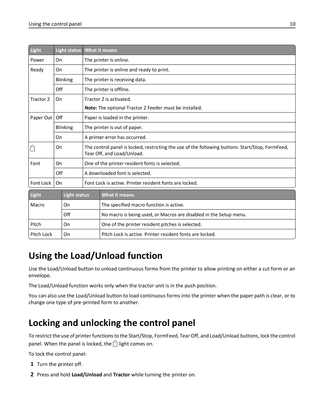 Lexmark 2500 Series manual Using the Load/Unload function, Locking and unlocking the control panel 