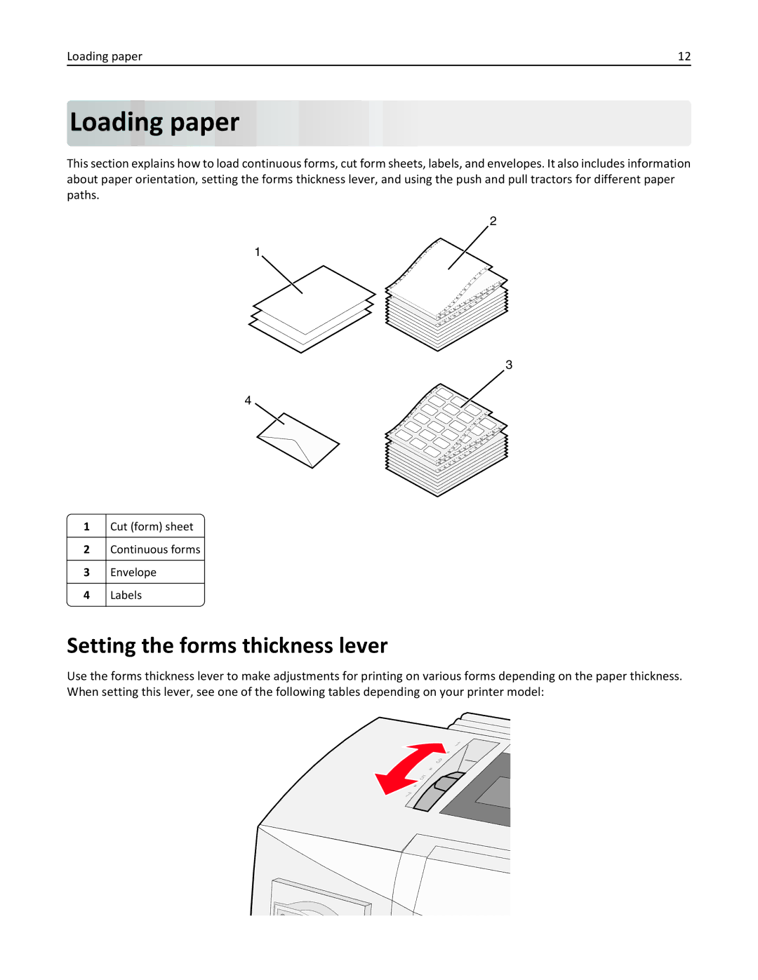 Lexmark 2500 Series manual Loading paper, Setting the forms thickness lever 