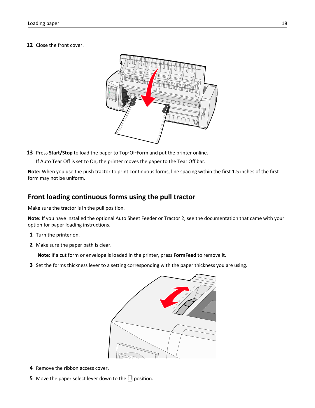 Lexmark 2500 Series manual Front loading continuous forms using the pull tractor 