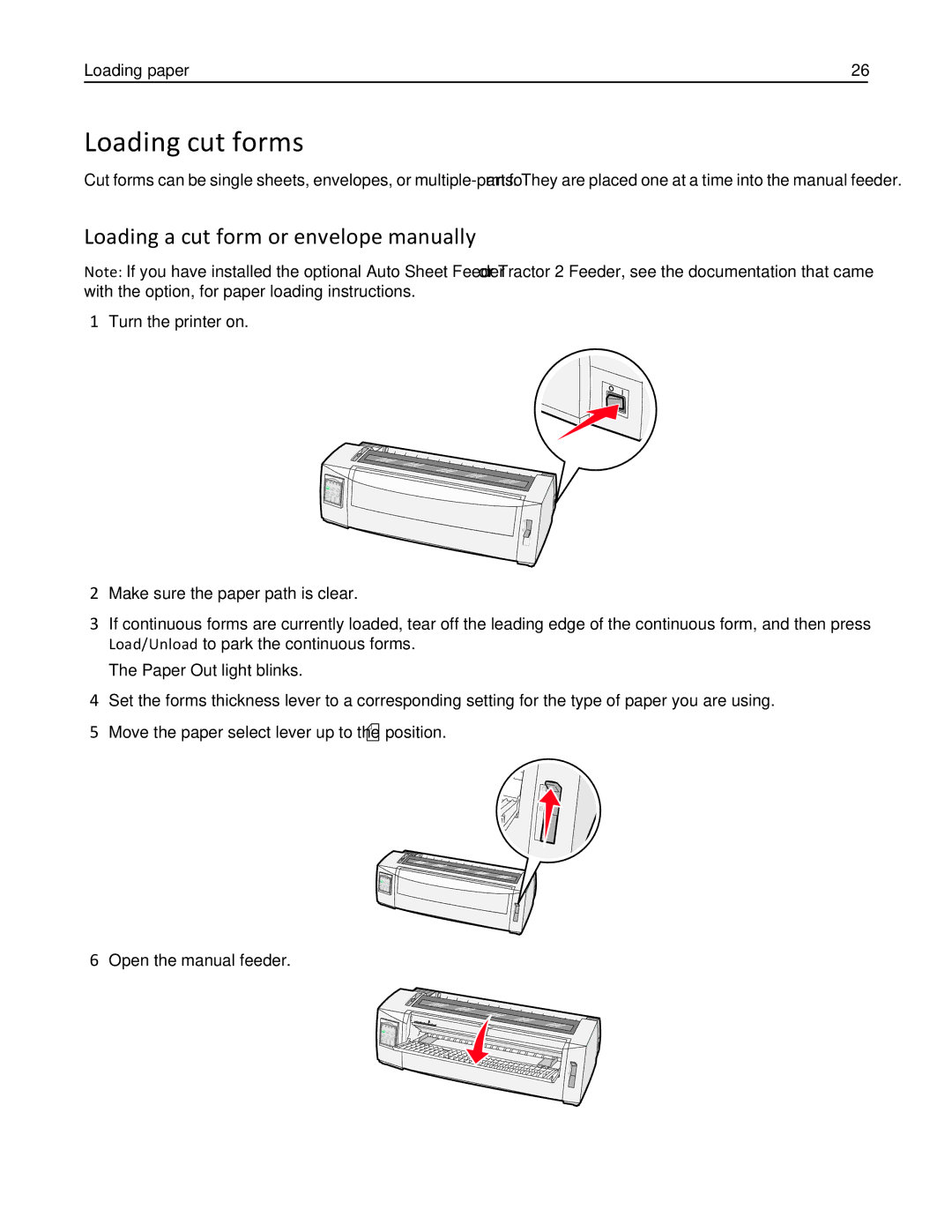 Lexmark 2500 Series Loading cut forms, Loading a cut form or envelope manually 