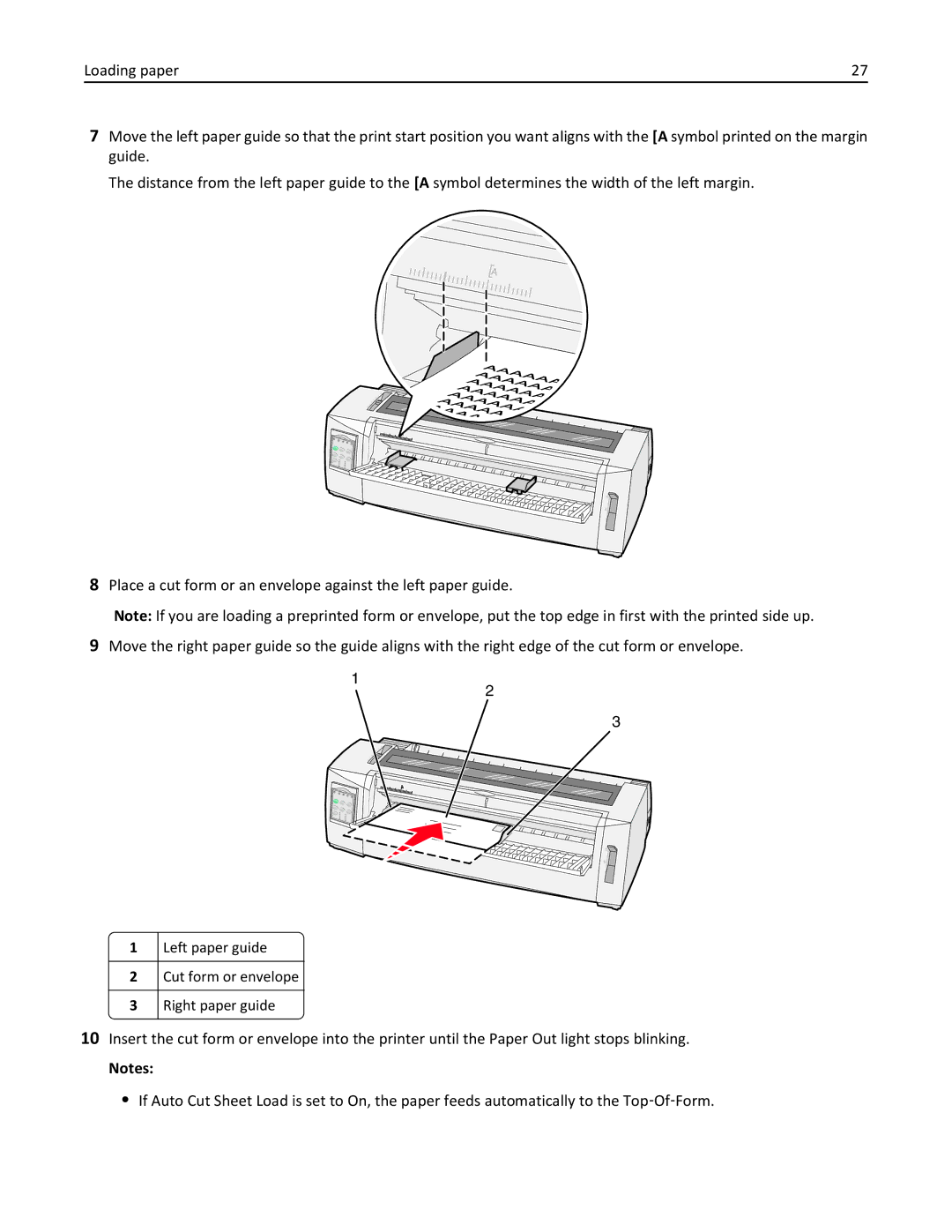 Lexmark 2500 Series manual Left paper guide Cut form or envelope Right paper guide 