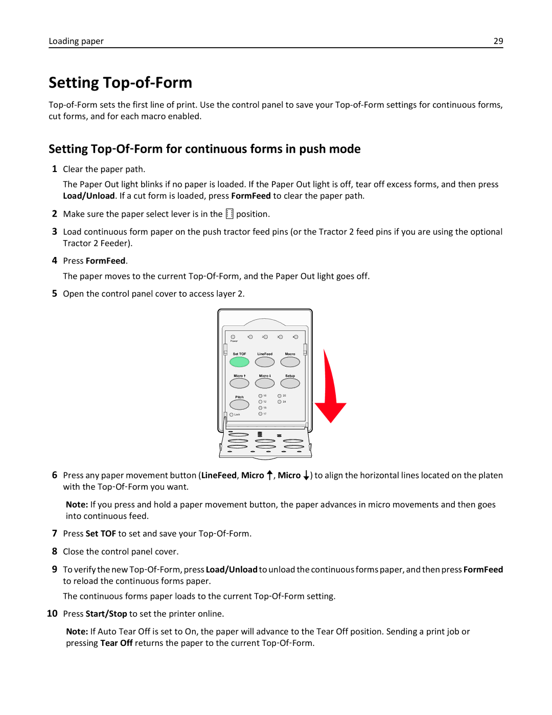 Lexmark 2500 Series manual Setting Top-of-Form, Setting Top‑Of‑Form for continuous forms in push mode 