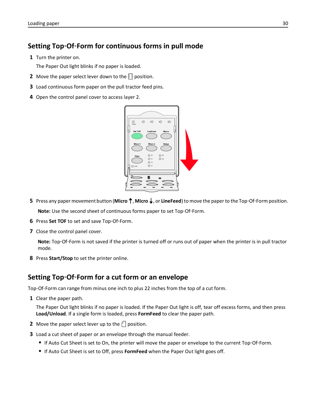 Lexmark 2500 Series manual Setting Top‑Of‑Form for continuous forms in pull mode 