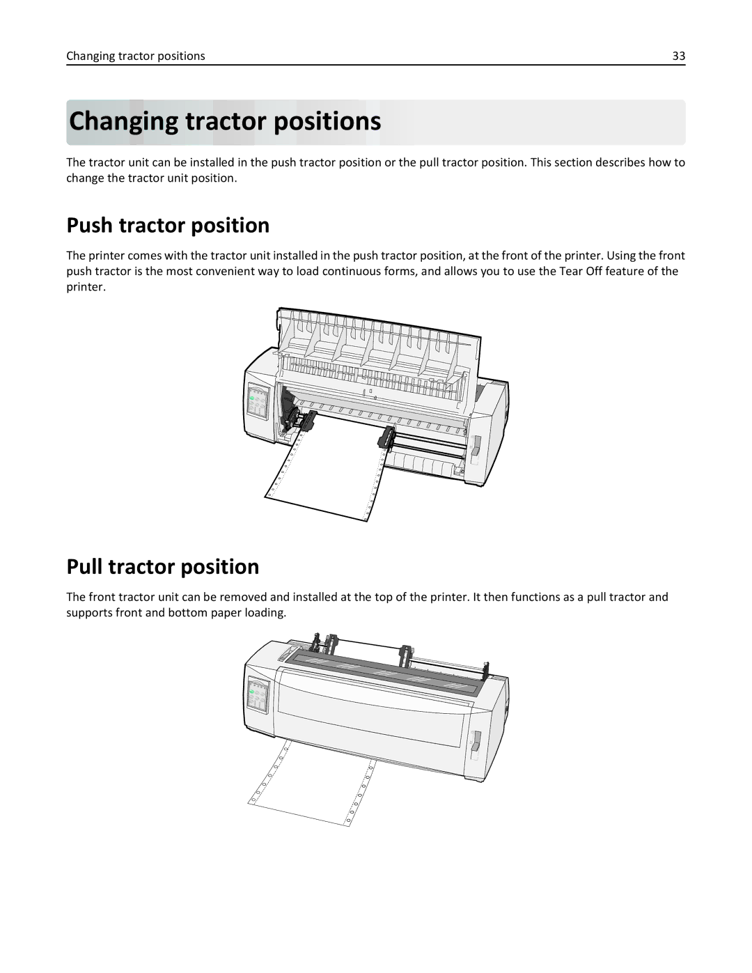 Lexmark 2500 Series manual Changing tractor positions, Push tractor position, Pull tractor position 