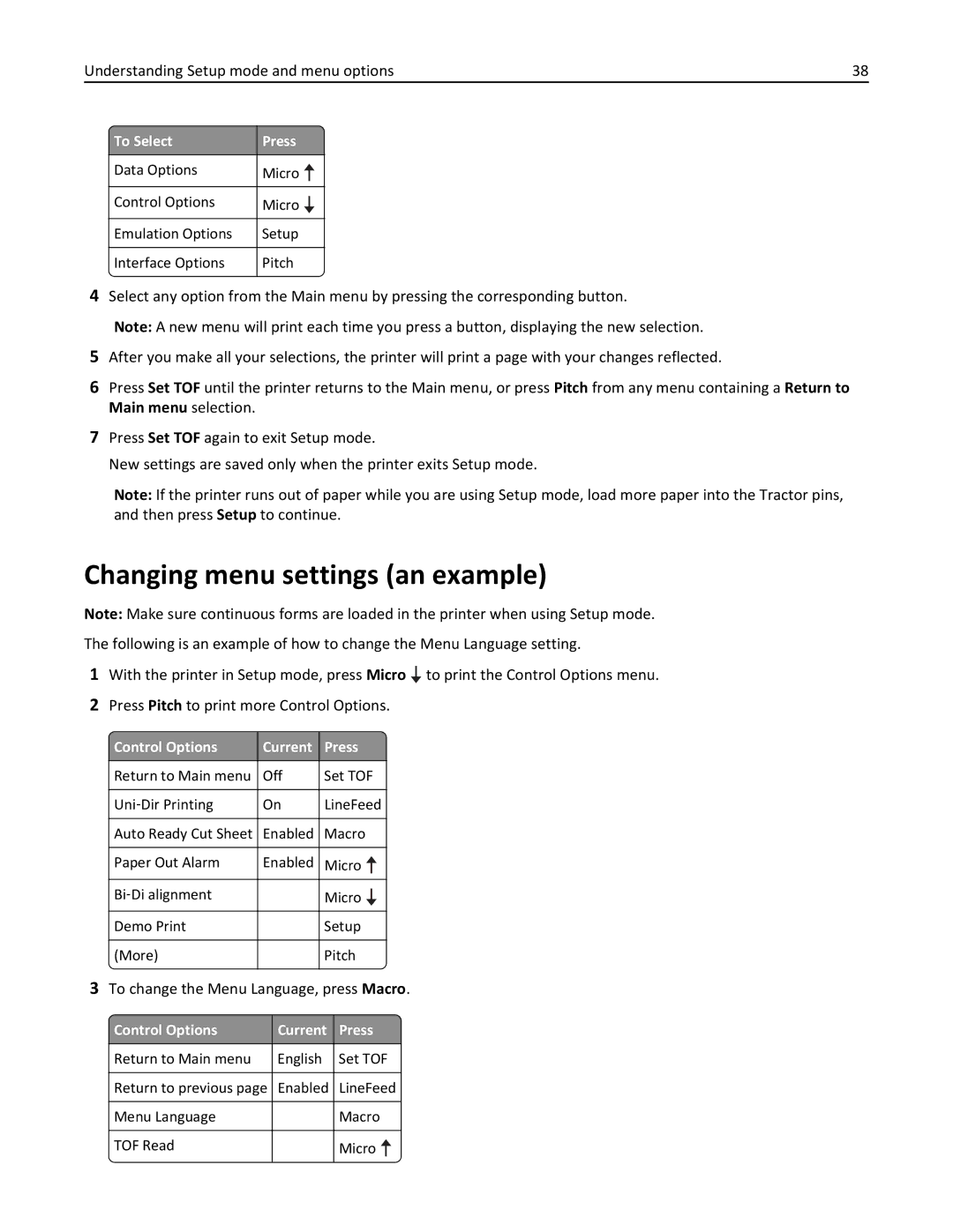 Lexmark 2500 Series manual Changing menu settings an example, Control Options Current Press 