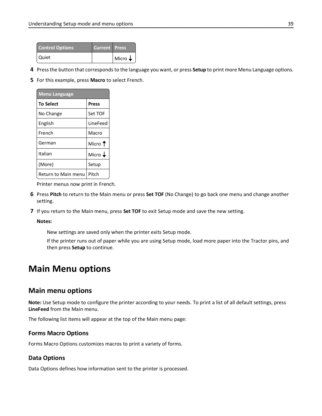 Lexmark 2500 Series manual Main Menu options, Main menu options, Forms Macro Options, Data Options 