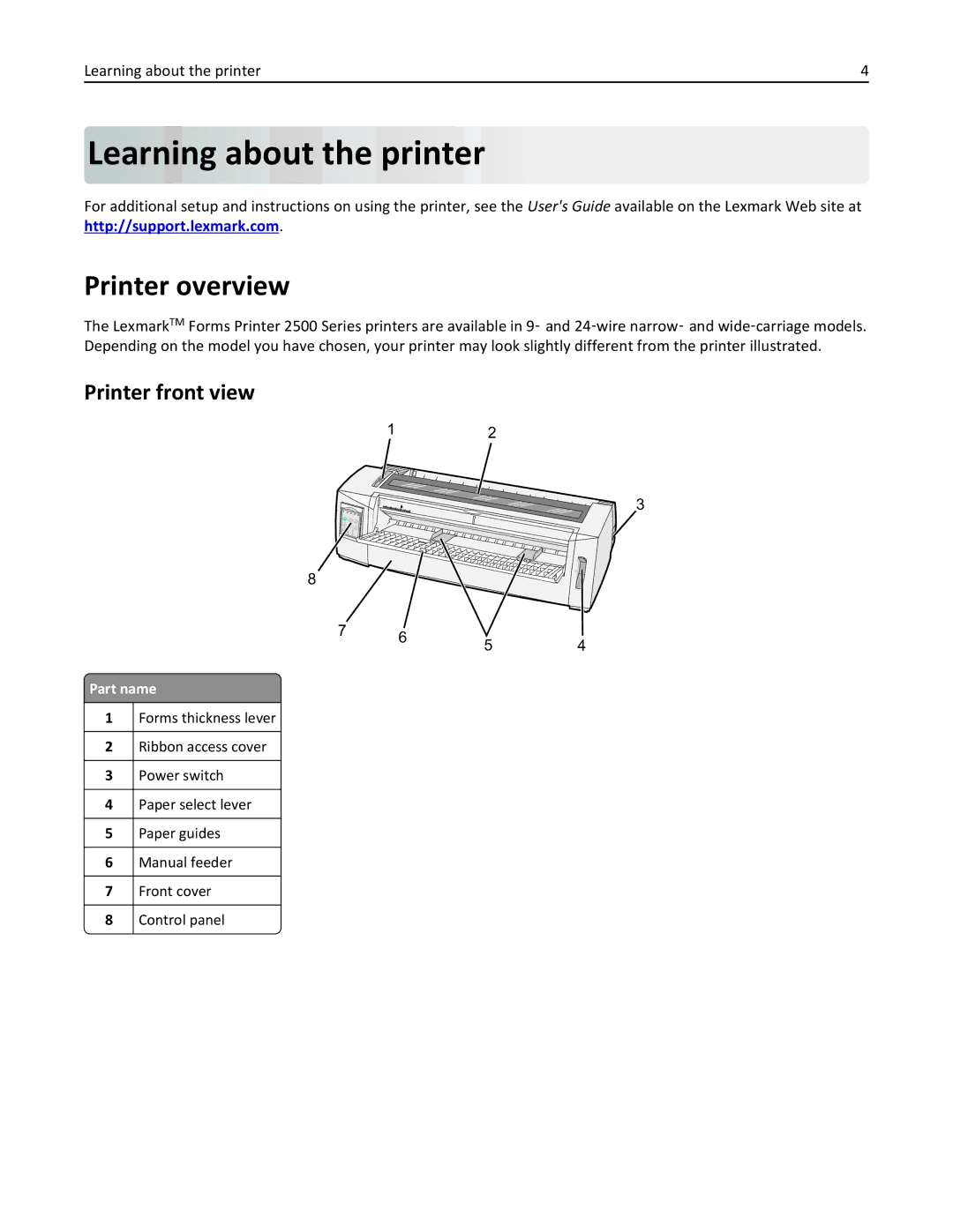 Lexmark 2500 Series manual Learning about the printer, Printer overview, Printer front view, Part name 