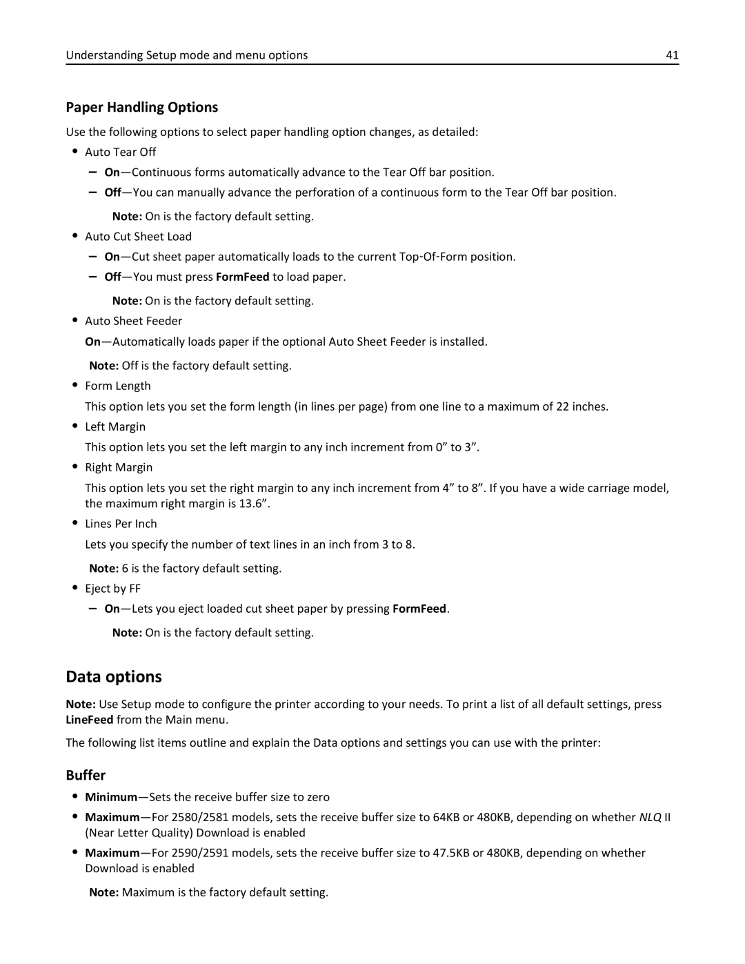 Lexmark 2500 Series manual Data options, Paper Handling Options, Buffer 