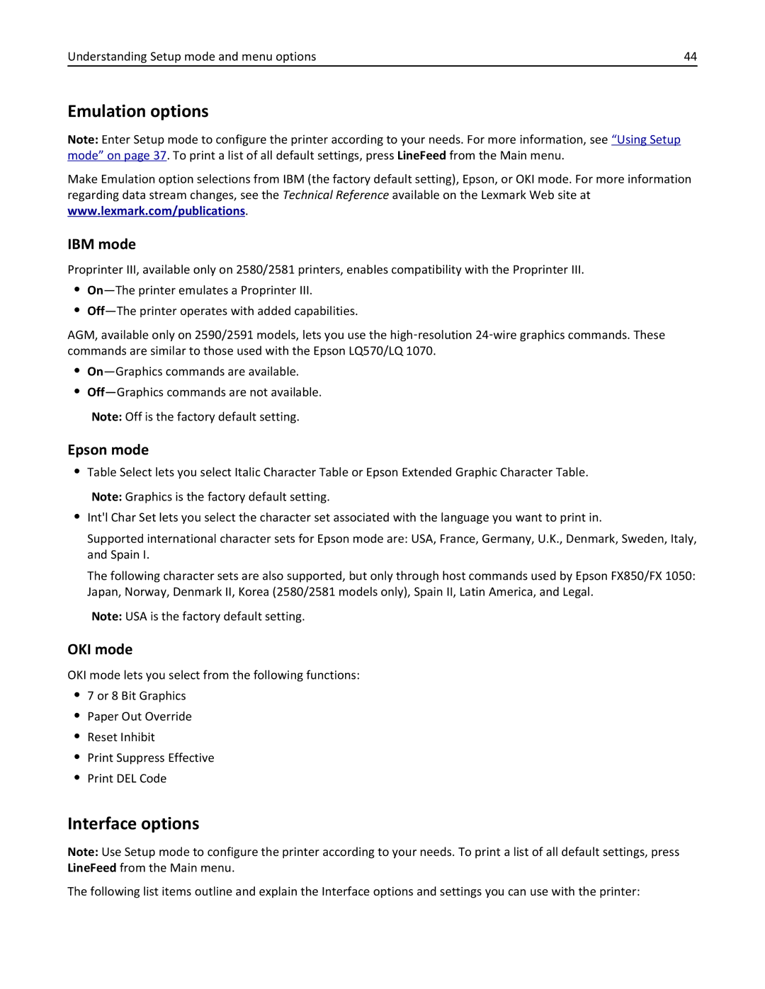 Lexmark 2500 Series manual Emulation options, Interface options, IBM mode, Epson mode, OKI mode 