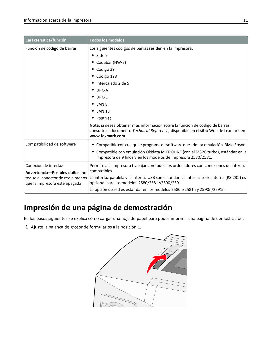 Lexmark 2500 manual Impresión de una página de demostración, Advertencia-Posibles daños no 