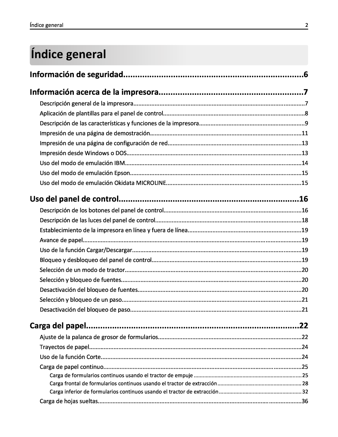 Lexmark 2500 manual Índice general, Información de seguridad, Información acerca de la impresora, Uso del panel de control 