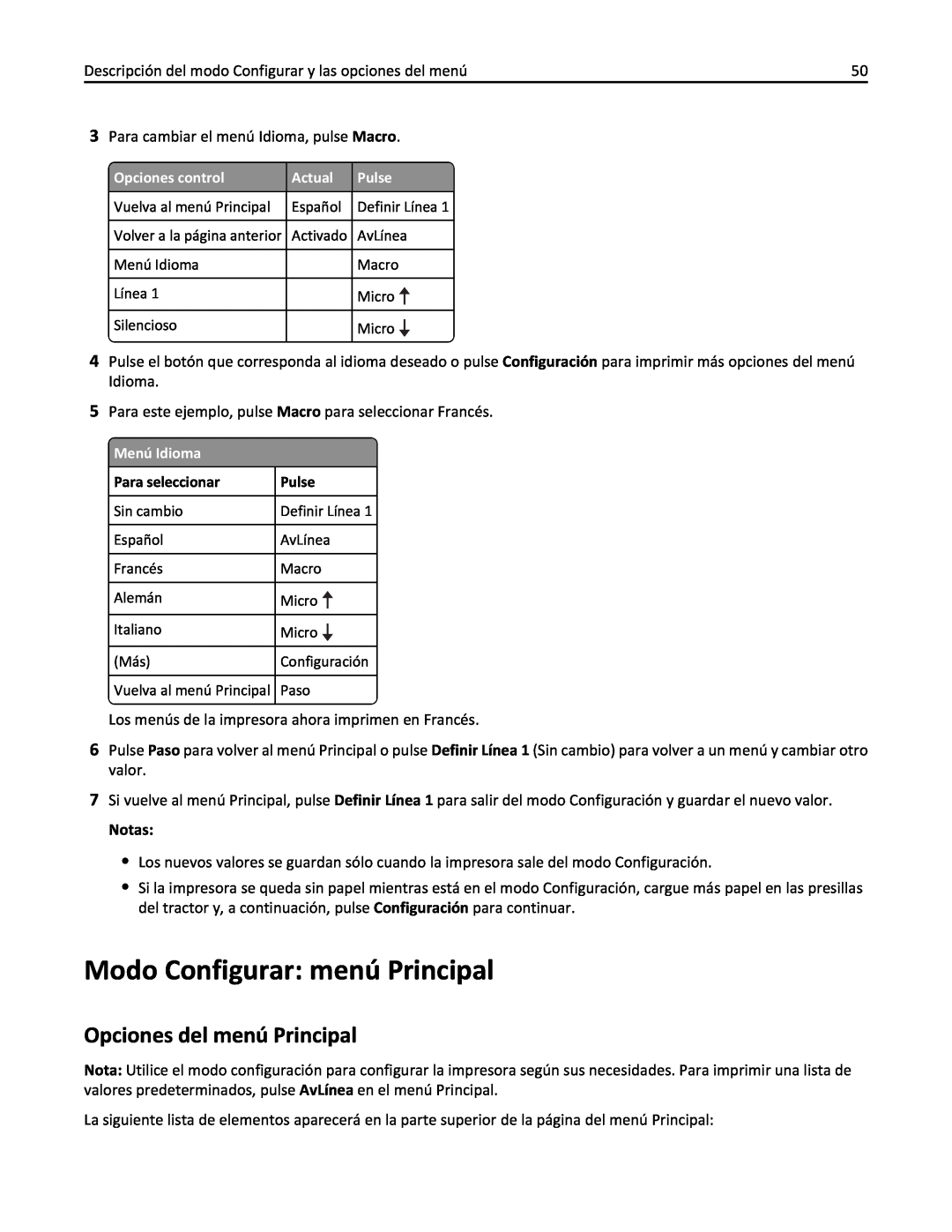 Lexmark 2500 manual Modo Configurar menú Principal, Opciones del menú Principal 