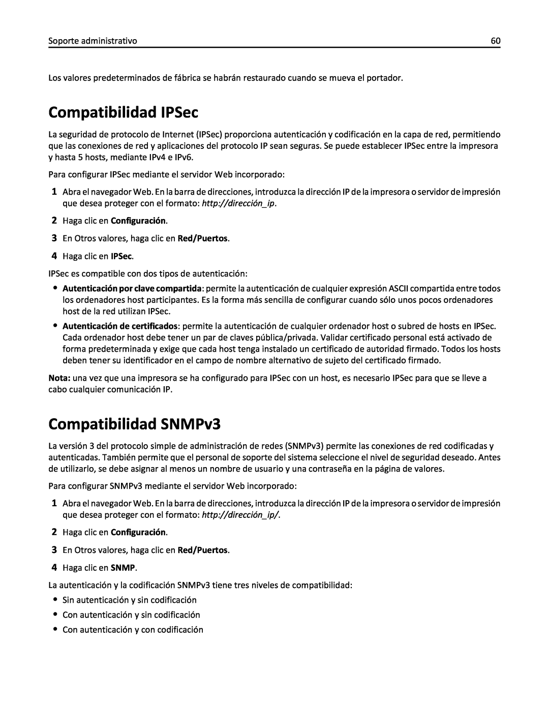 Lexmark 2500 manual Compatibilidad IPSec, Compatibilidad SNMPv3 