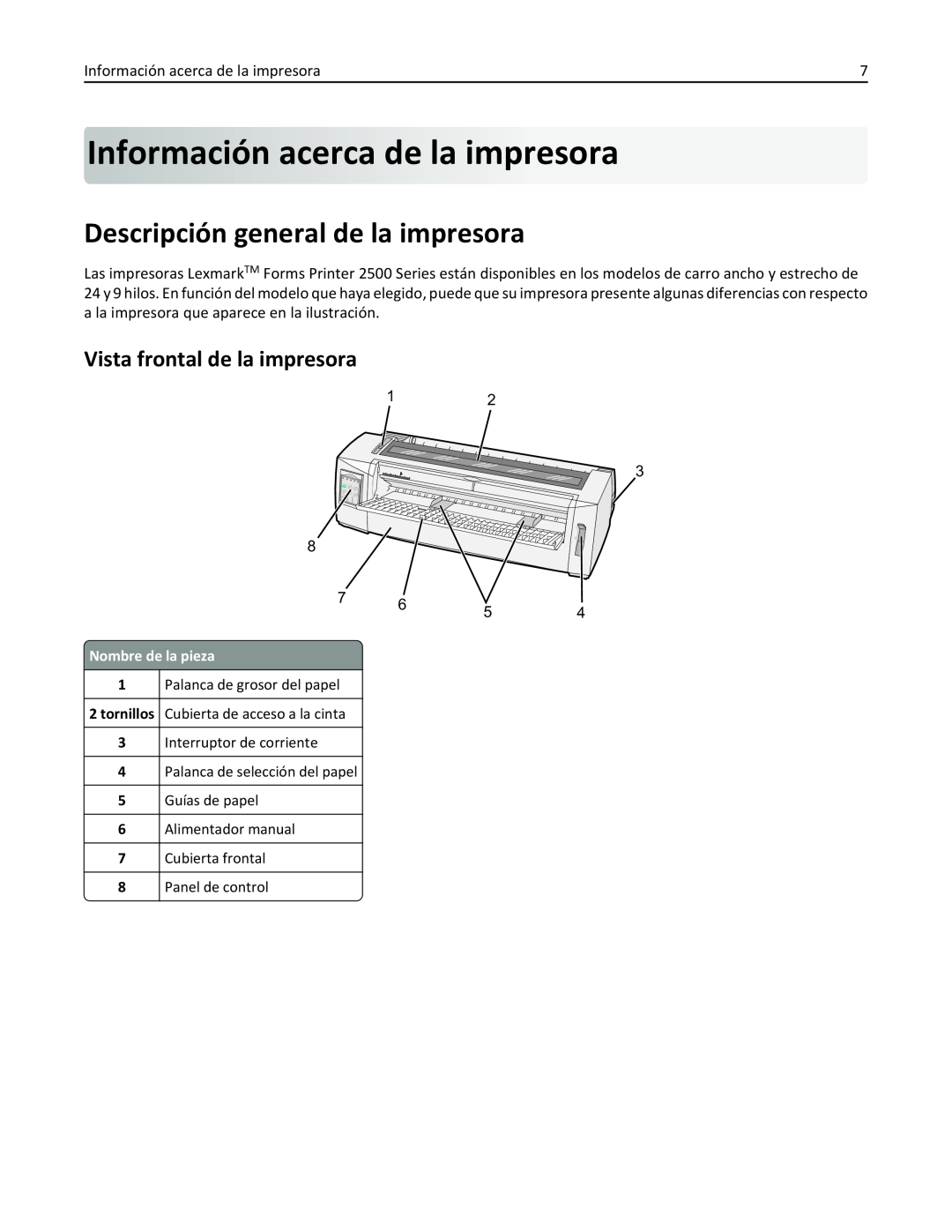Lexmark 2500 manual Información acerca dela impresora, Descripción general de la impresora, Vista frontal de la impresora 