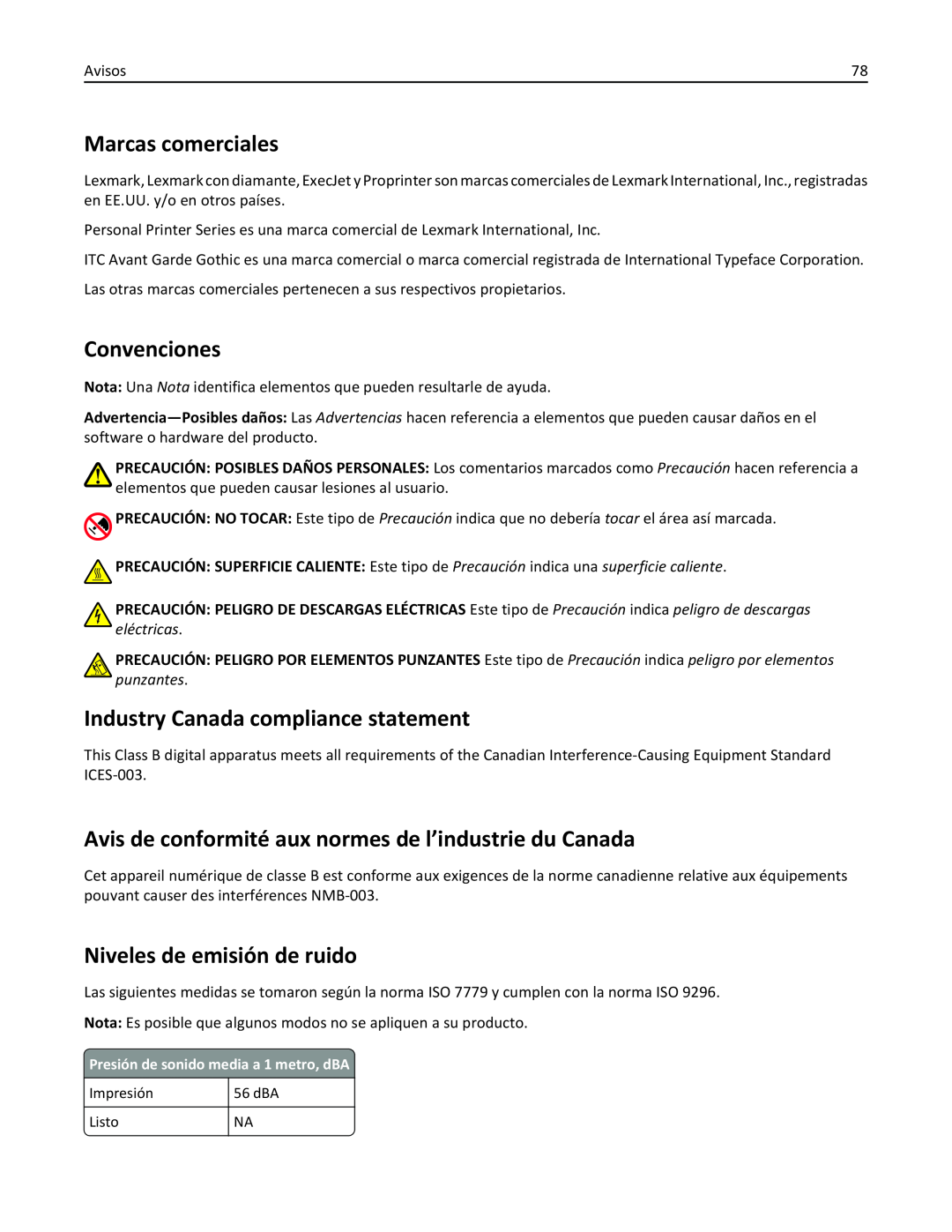 Lexmark 2500 manual Marcas comerciales, Convenciones, Industry Canada compliance statement, Niveles de emisión de ruido 