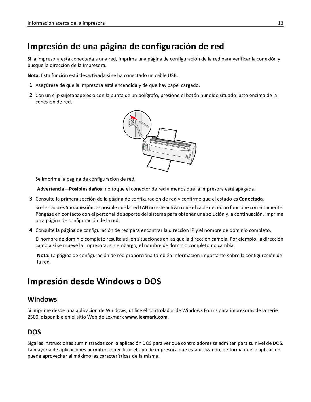 Lexmark 2500 manual Impresión de una página de configuración de red, Impresión desde Windows o DOS 