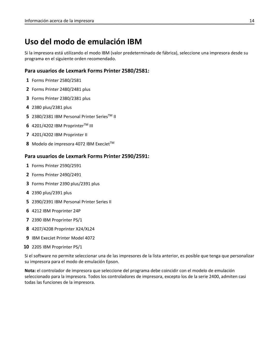Lexmark 2500 manual Uso del modo de emulación IBM, Para usuarios de Lexmark Forms Printer 2580/2581 