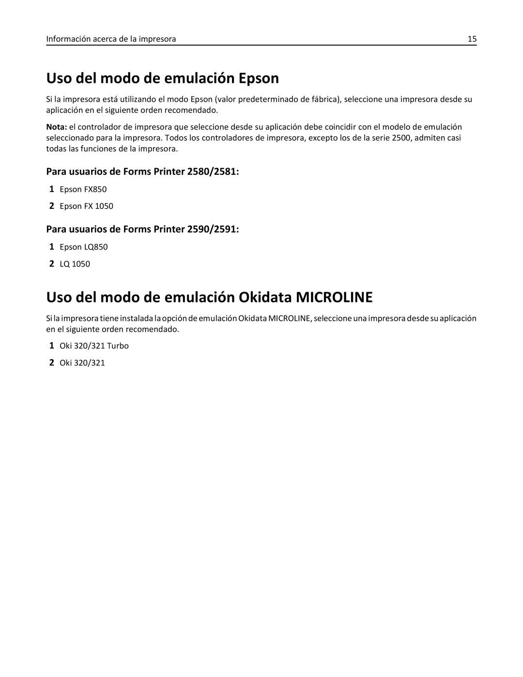 Lexmark 2500 manual Uso del modo de emulación Epson, Uso del modo de emulación Okidata Microline 