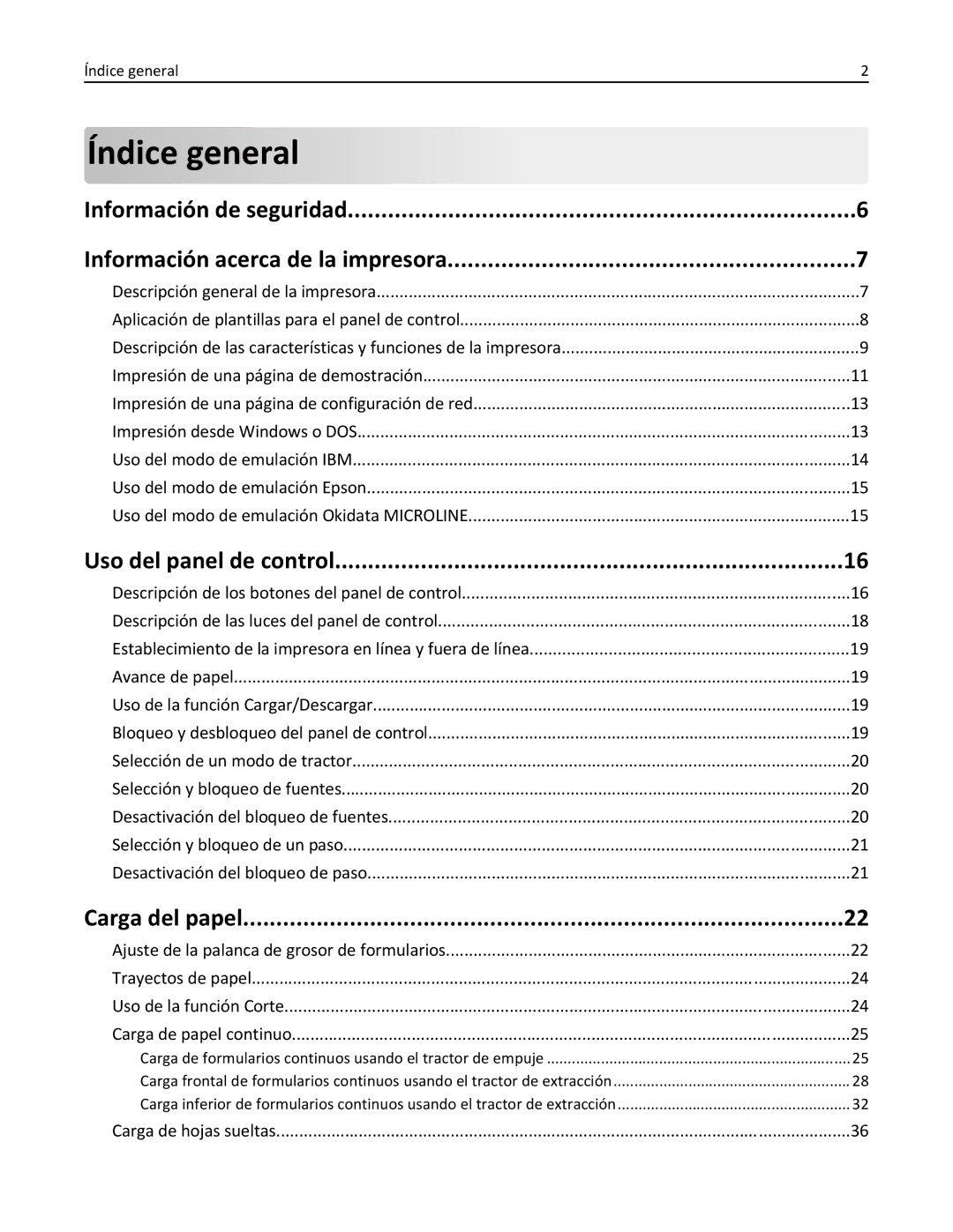 Lexmark 2500 manual Índice general, Información de seguridad Información acerca de la impresora, Uso del panel de control 