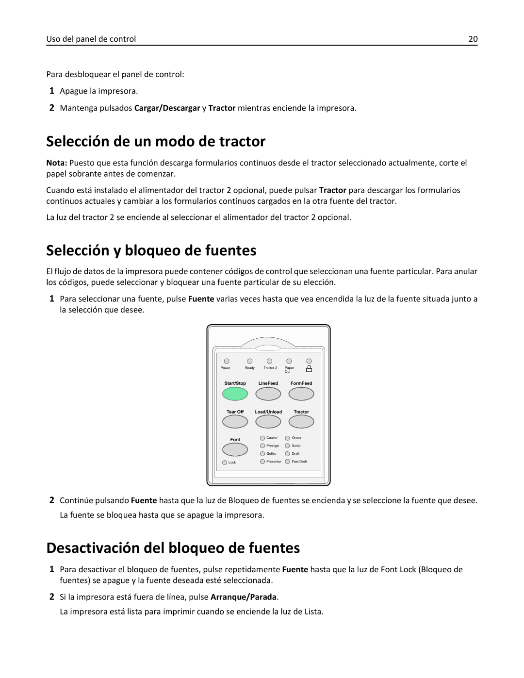 Lexmark 2500 manual Selección de un modo de tractor, Selección y bloqueo de fuentes, Desactivación del bloqueo de fuentes 